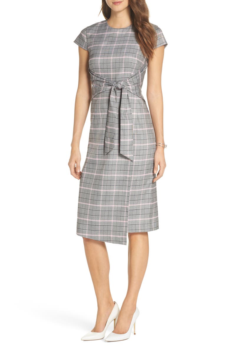 Wrapped Plaid Sheath Dress, Main, color, PINK BLACK PLAID