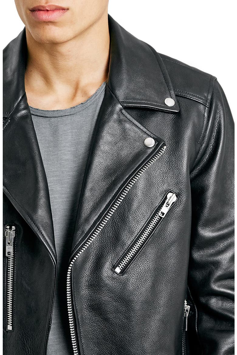 Black Leather Biker Jacket, Alternate, color, BLACK
