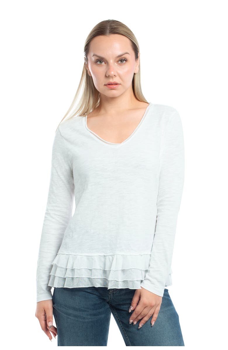 WILT Clothing V-Neck Mixed Media Long Sleeve Tee With Ruffle Hem, Main, color, White