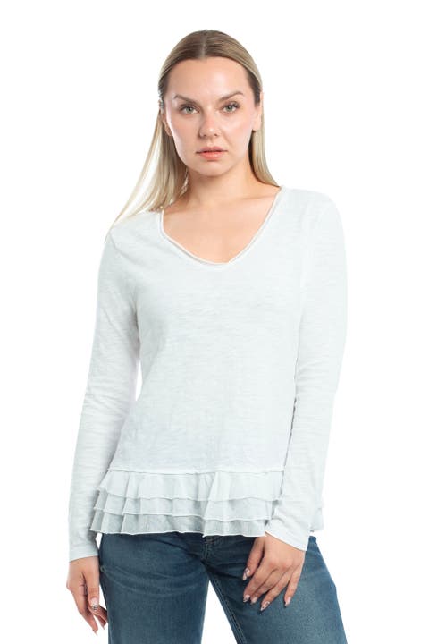 V-Neck Mixed Media Long Sleeve Tee With Ruffle Hem