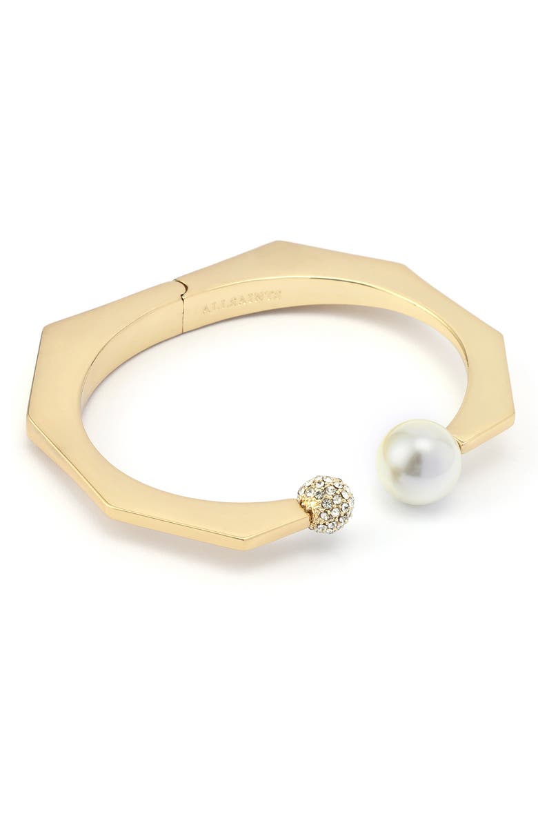 AllSaints Faux Pearl and Pavé Hinge Cuff, Alternate, color, Pearl/ Gold