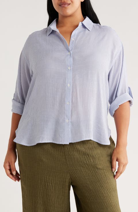 Stripe Roll Sleeve Button-Up Shirt (Plus)