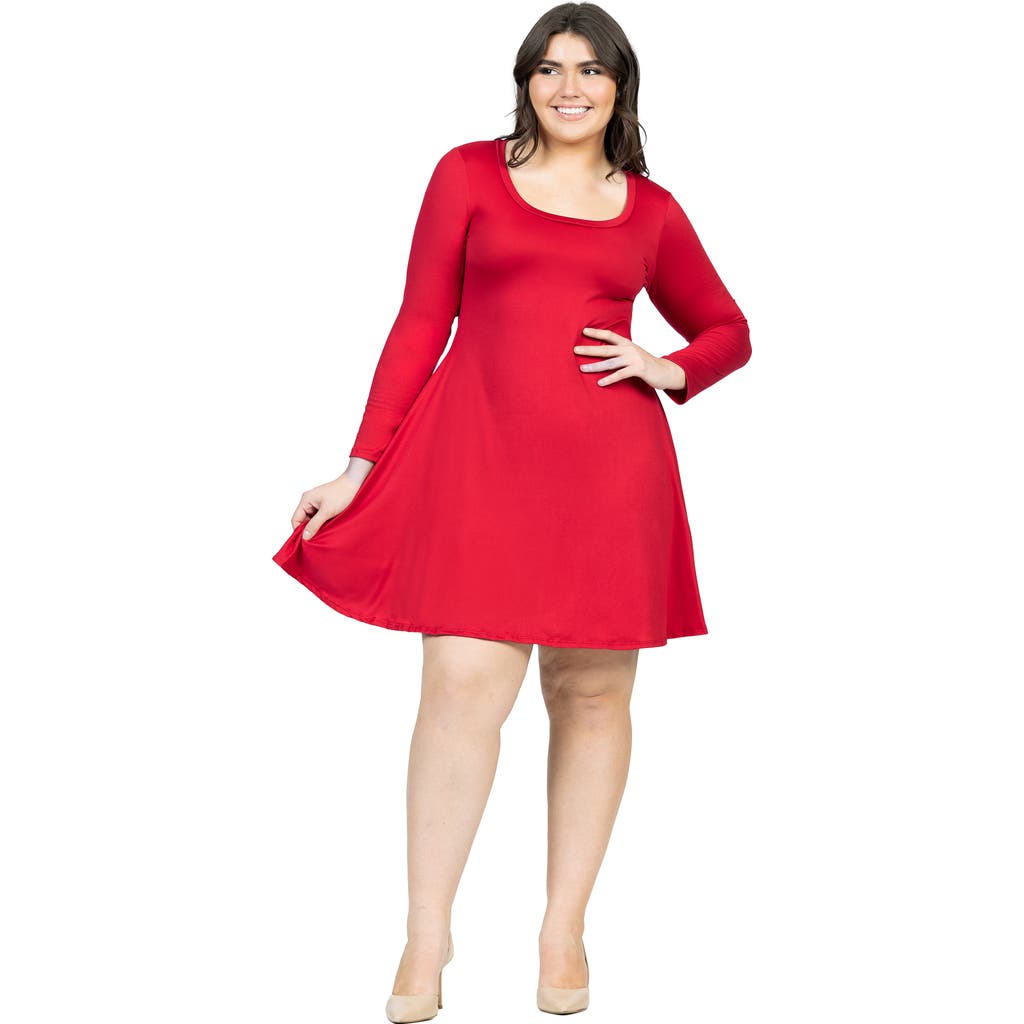 24seven Comfort Apparel Plus Size Classic Long Sleeve Flared Mini Dress In Red