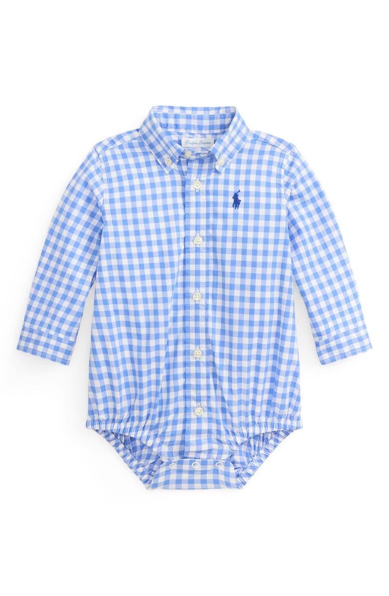 Ralph Lauren Check Cotton Poplin Bodysuit, Main, color, Blue White