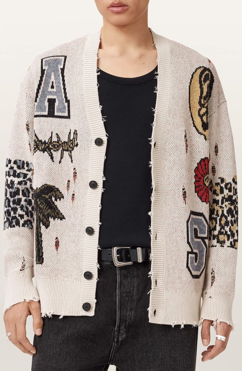 AllSaints Foxx Distressed Jacquard Graphic Cardigan, Main, color, Ecru White
