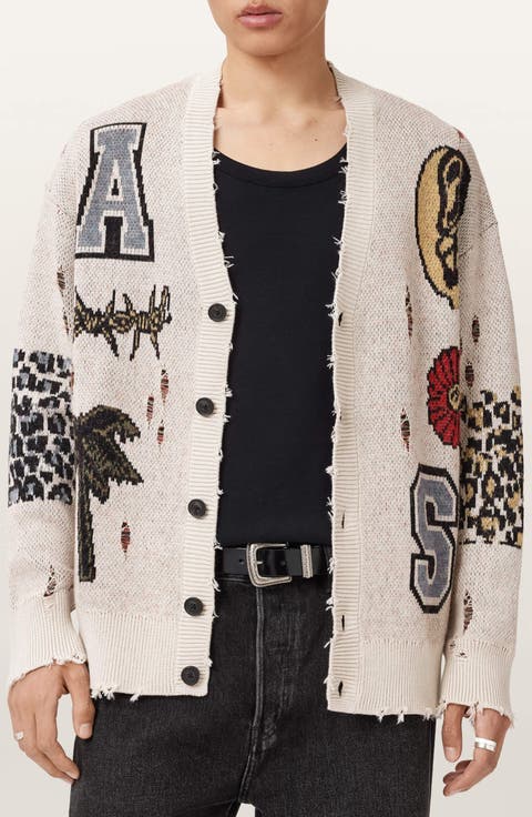 Foxx Distressed Jacquard Graphic Cardigan