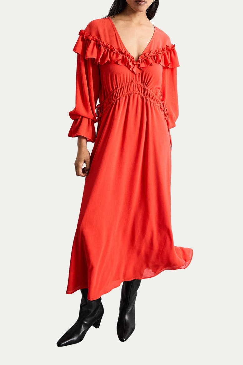 Ruffle Shoulder Detail Boho Maxi Dress, Alternate, color, Red