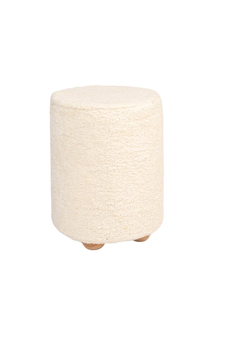 Round  Upholstered Pouf with Pine Wood Feet, Cream and Natural, Main, color, Cream