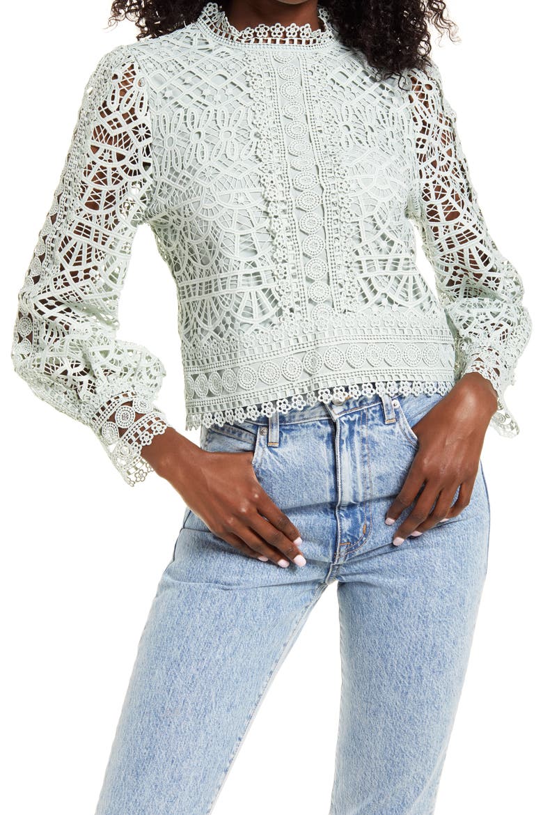Crochet Lace Balloon Sleeve Blouse, Main, color, BLUE