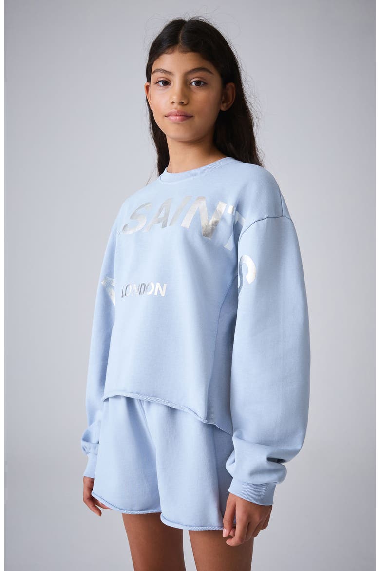 Kids' Biggie Oversized Cotton Graphic Sweatshirt & Ruffle Shorts Set, Alternate, color, BLUE