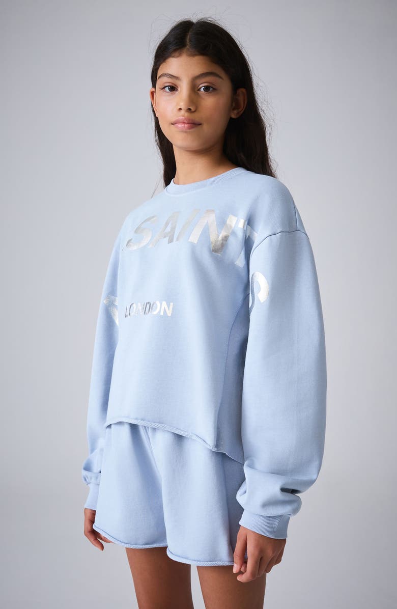 smALLSAINTS by ALLSAINTS Kids' Biggie Oversized Cotton Graphic Sweatshirt & Ruffle Shorts Set, Alternate, color, Blue