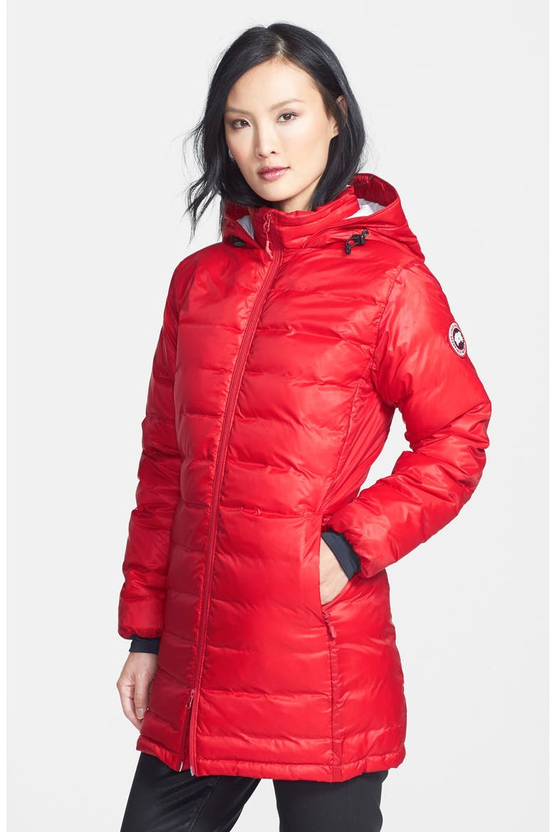 'Camp' Slim Fit Hooded Packable Down Jacket, Main, color, RED