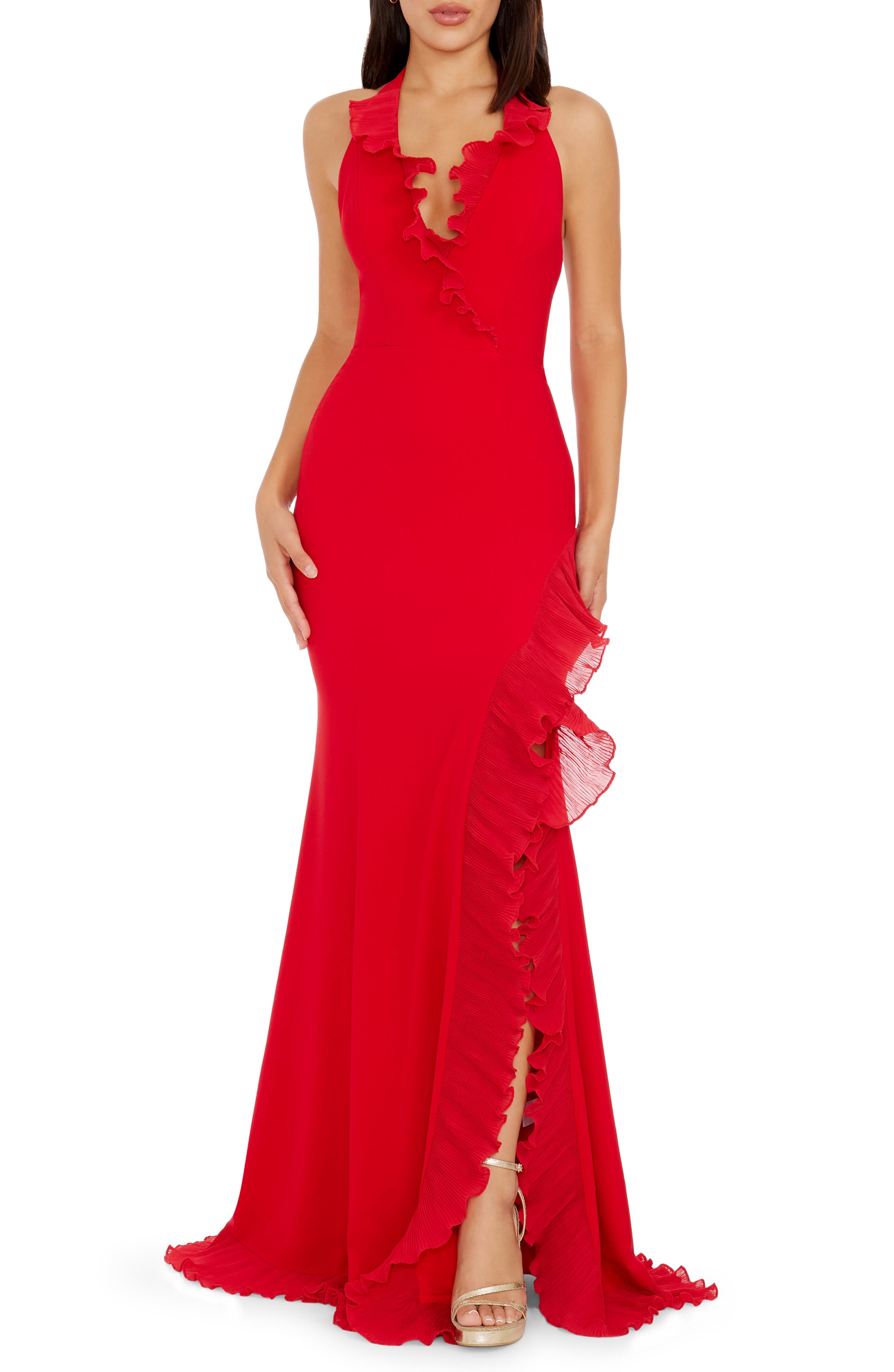 Dress the Population Kathleen Ruffle Halter Gown with Train