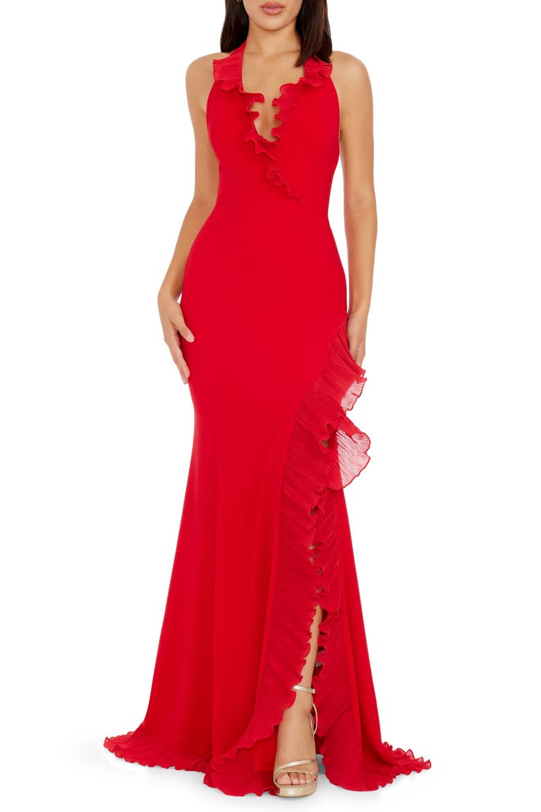Kathleen Ruffle Halter Gown with Train, Main, color, ROUGE
