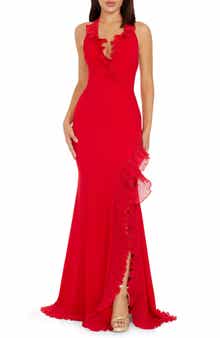 Dress the Population Kathleen Ruffle Halter Gown with Train