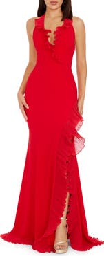 Dress the Population Kathleen Ruffle Halter Gown with Train