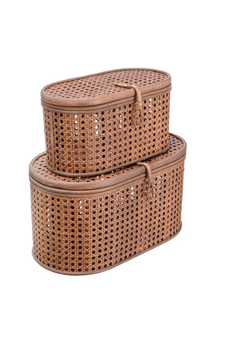 Modern Decorative Oval Woven Rattan Storage Boxes, Set of 2 Sizes, Dark Brown Finish, Main, color, Brown
