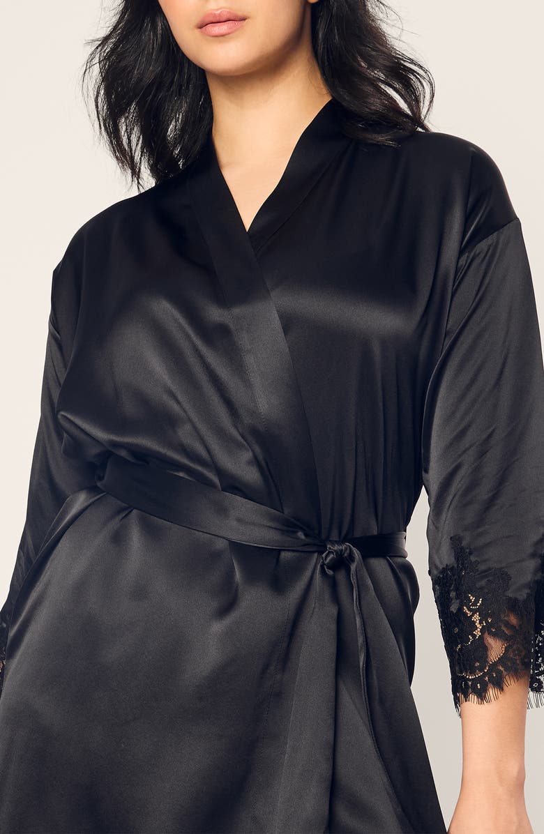 Petite Plume Lace Trim Mulberry Silk Robe, Alternate, color, Black