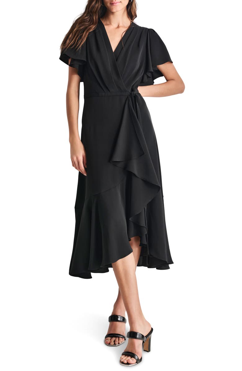 DKNY Flutter Sleeve Wrap Front Midi Dress, Main, color, 
