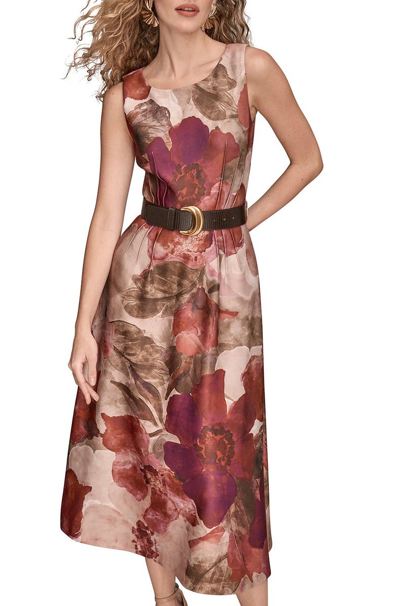 Donna Karan New York Floral Print Belted Midi Dress, Alternate, color, Red