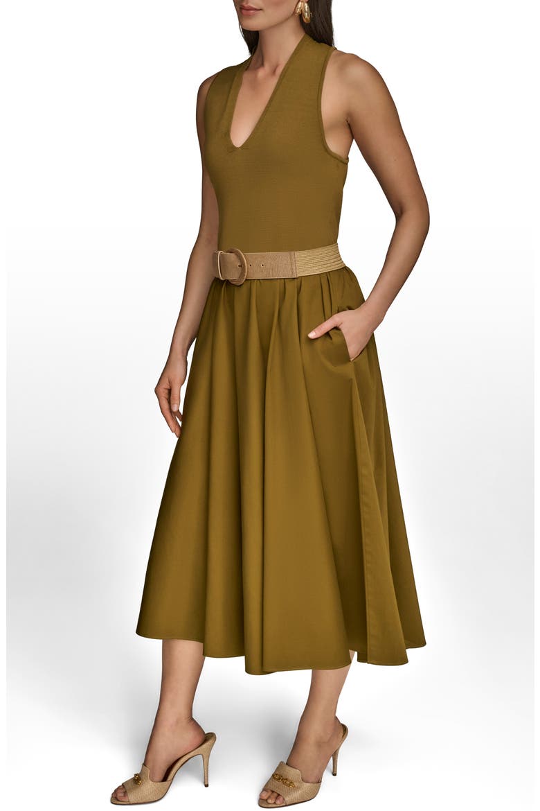 Sleeveless Belted Mixed Media Midi Dress, Alternate, color, SMOKY OLIVE