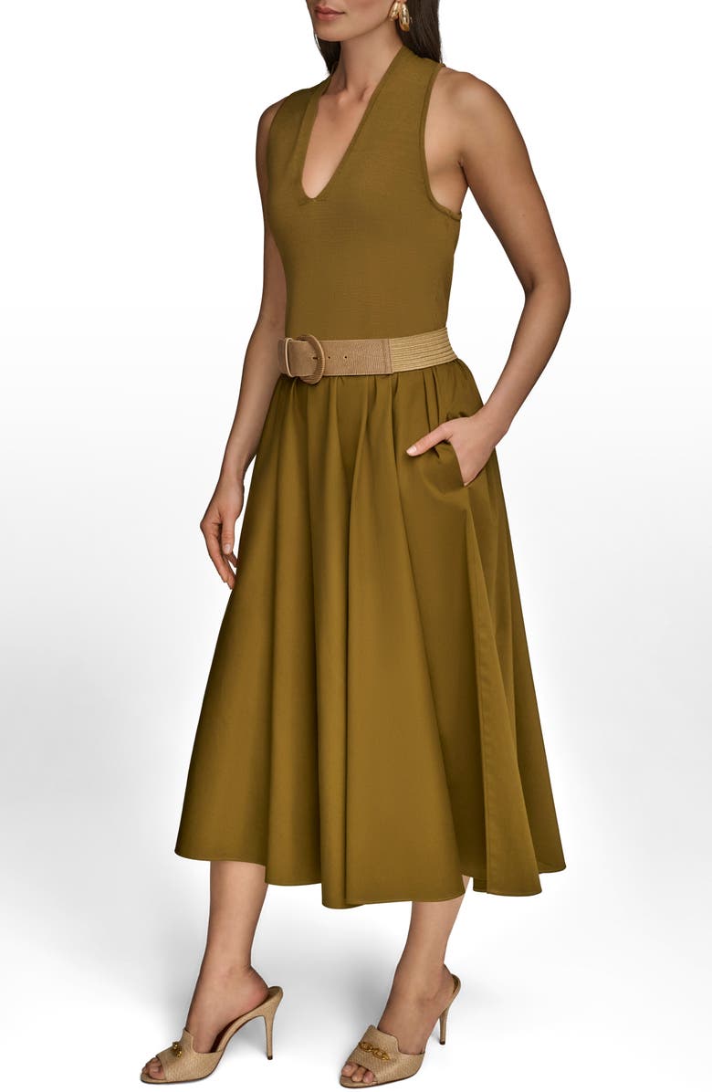 Donna Karan New York Sleeveless Belted Mixed Media Midi Dress, Alternate, color, Smoky Olive