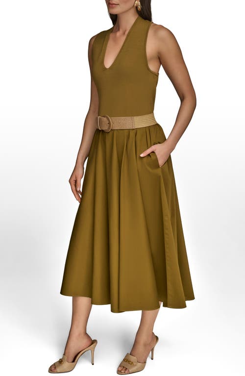 Donna Karan New York Sleeveless Belted Mixed Media Midi Dress In Green