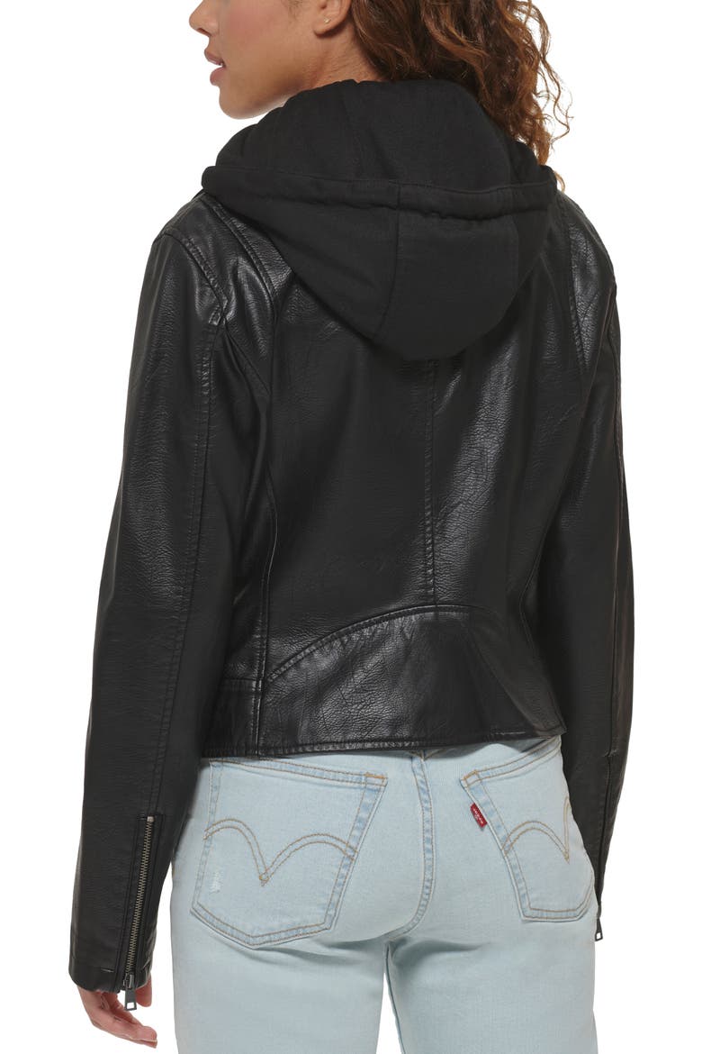 Levi's® Fleece Hood Faux Leather Moto Jacket, Alternate, color, BLACK