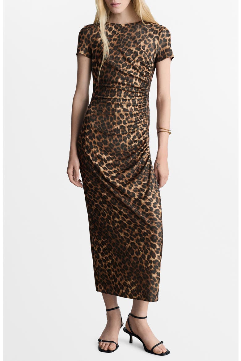 Leopard Print Side Ruched Dress, Main, color, BROWN