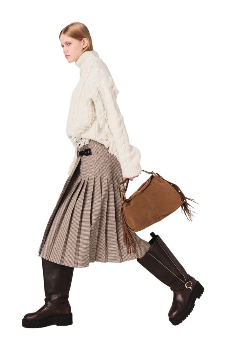 maje Pleated checked midi skirt, Alternate, color, Brown