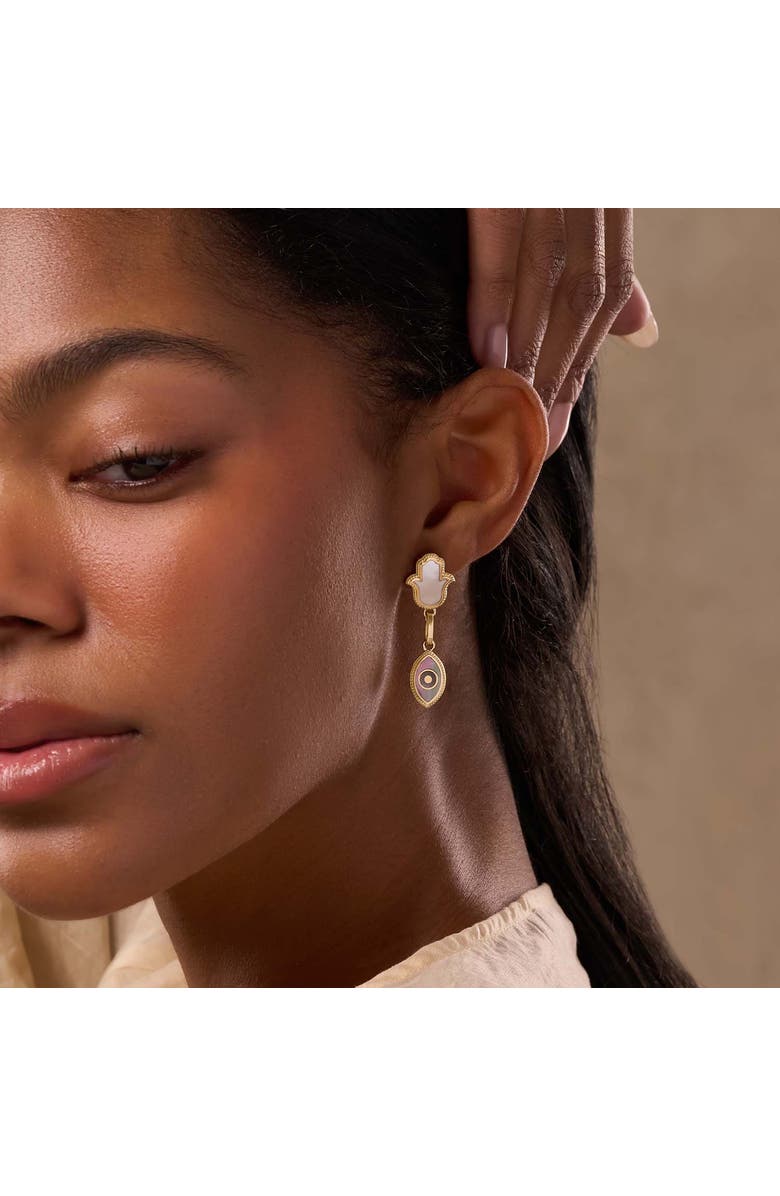 Karma and Luck Boundless Joy Hamsa & Evil Eye Mother of Pearl Earrings, Alternate, color, Gold/Grey