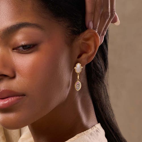 Karma And Luck Boundless Joy Hamsa & Evil Eye Mother Of Pearl Earrings In Gold/grey