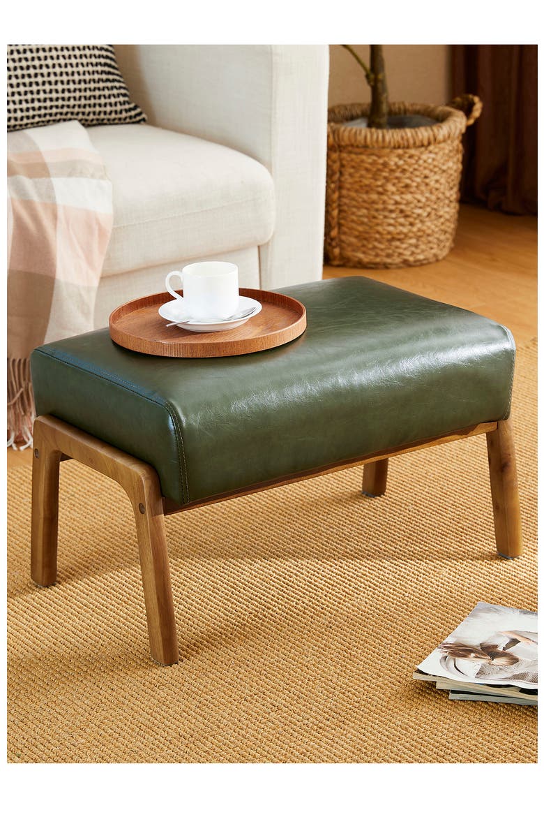 Mid-century Modern Faux Leather Accent Stool with Walnut Rubberwood Legs, Alternate, color, Green