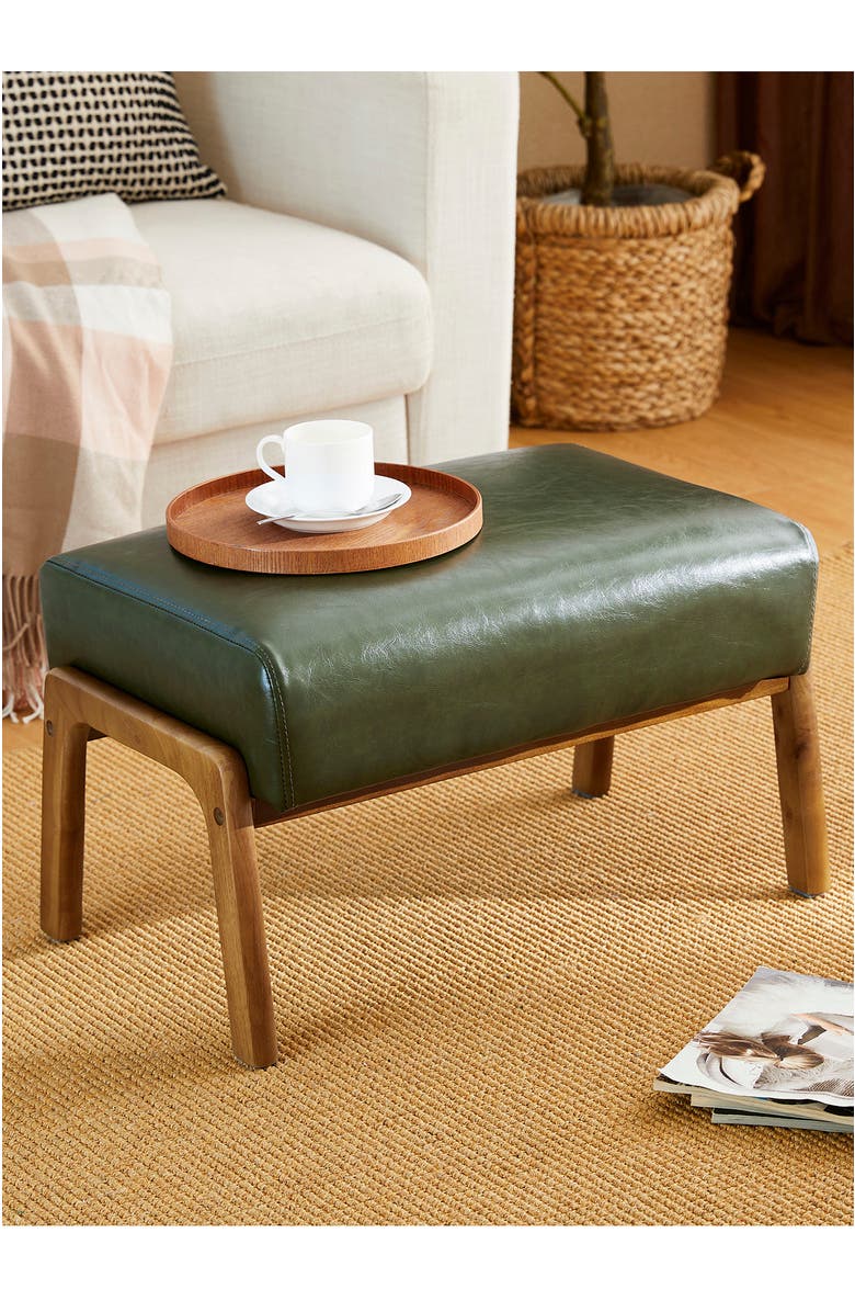 Glitzhome Mid-century Modern Faux Leather Accent Stool with Walnut Rubberwood Legs, Alternate, color, Green