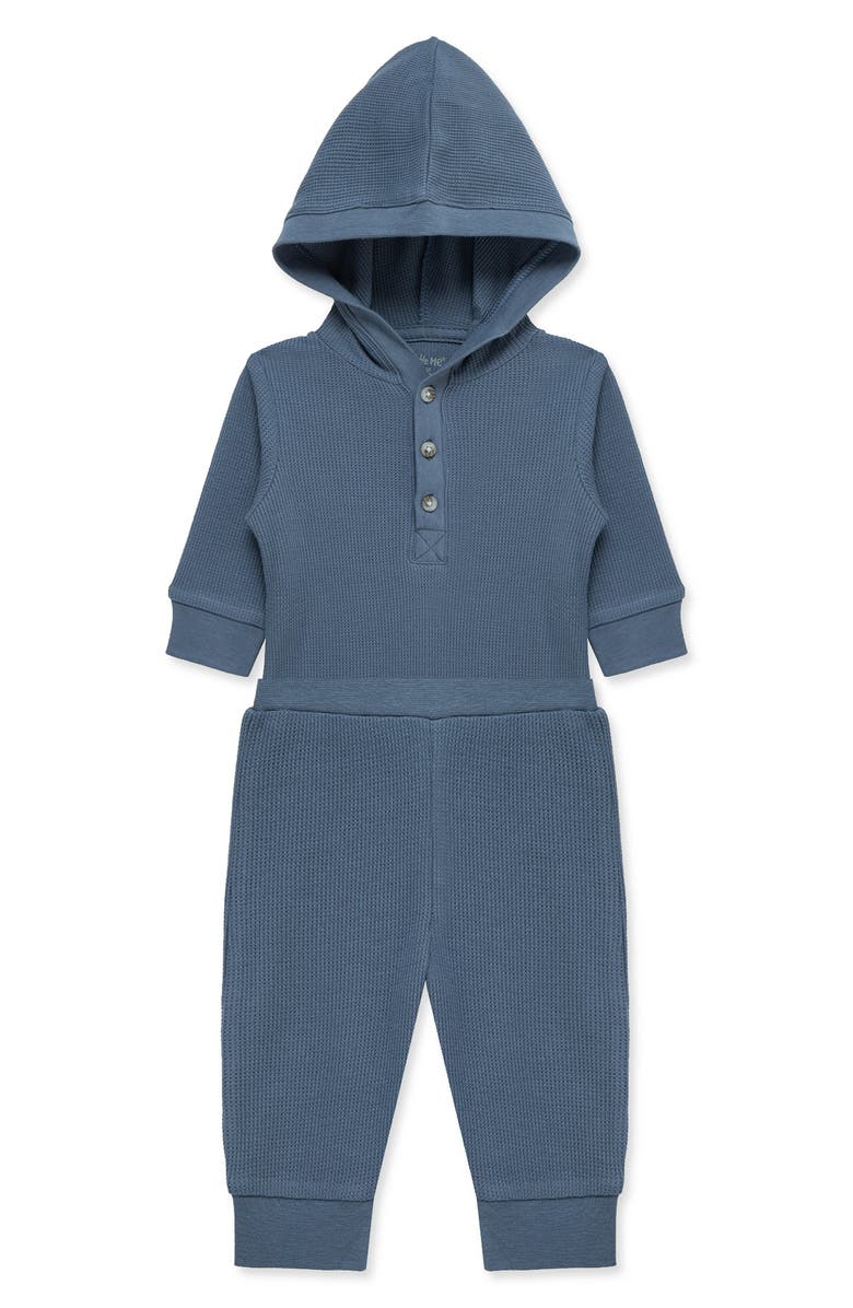 Little Me Waffle Hooded Bodysuit & Pants Set, Alternate, color, Dk Blue