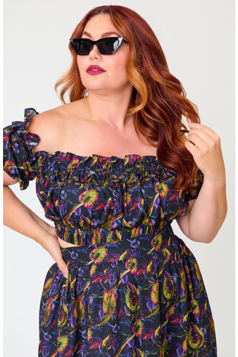 Plus Size 1970s Off Ruffle Up Crop Top, Main, color, Purple w/ Plants Print