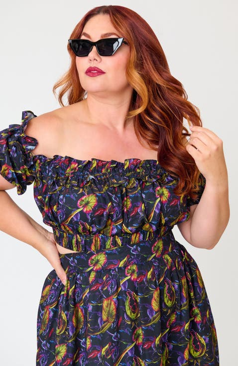 Plus Size 1970s Off Ruffle Up Crop Top