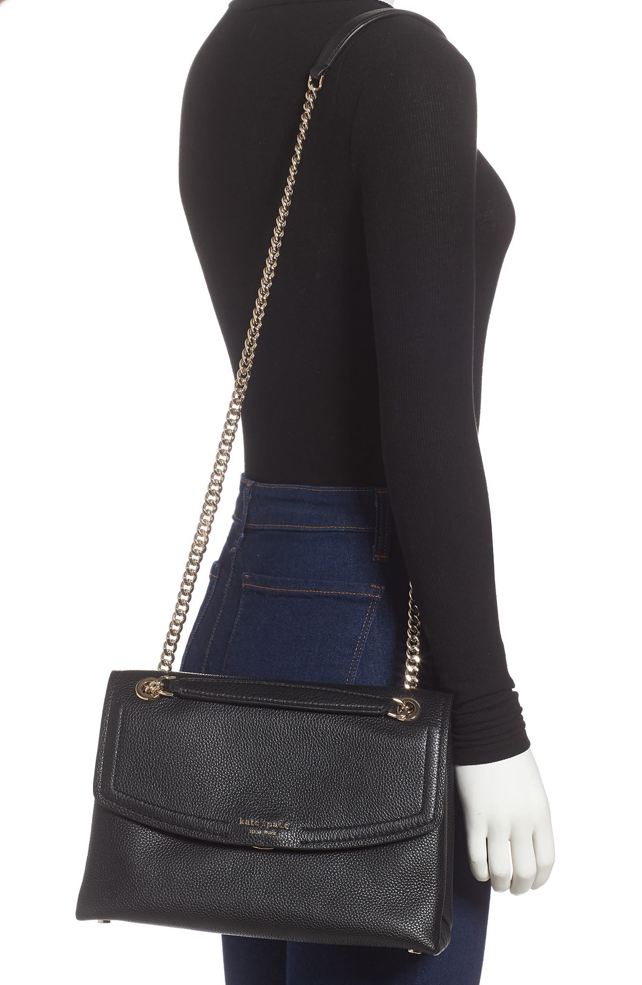large florence leather shoulder bag, Alternate, color, BLACK