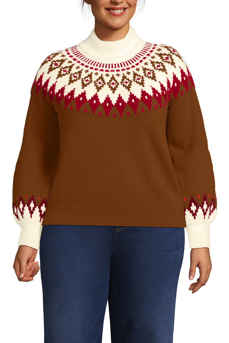 Fuzzy Turtleneck Lantern Sleeve Jacquard Sweater, Main, color, Rich Ginger Brown Fairisle