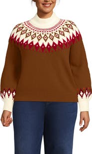 Lands' End Fuzzy Turtleneck Lantern Sleeve Jacquard Sweater