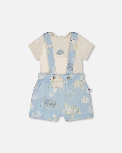 Organic Cotton Jersey Bodysuit and Muslin Turtle Print Shortall Set (Baby)