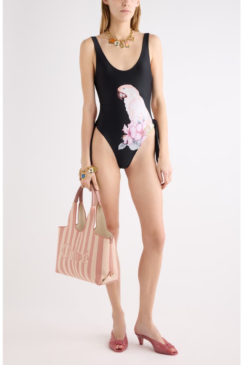 Parrot Print Cutout One-Piece Swimsuit, Main, color, BLACK MULTI