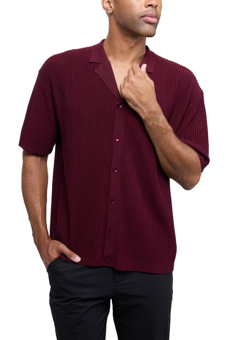 Ribbed Knit Camp Shirt, Alternate, color, BURGUNDY