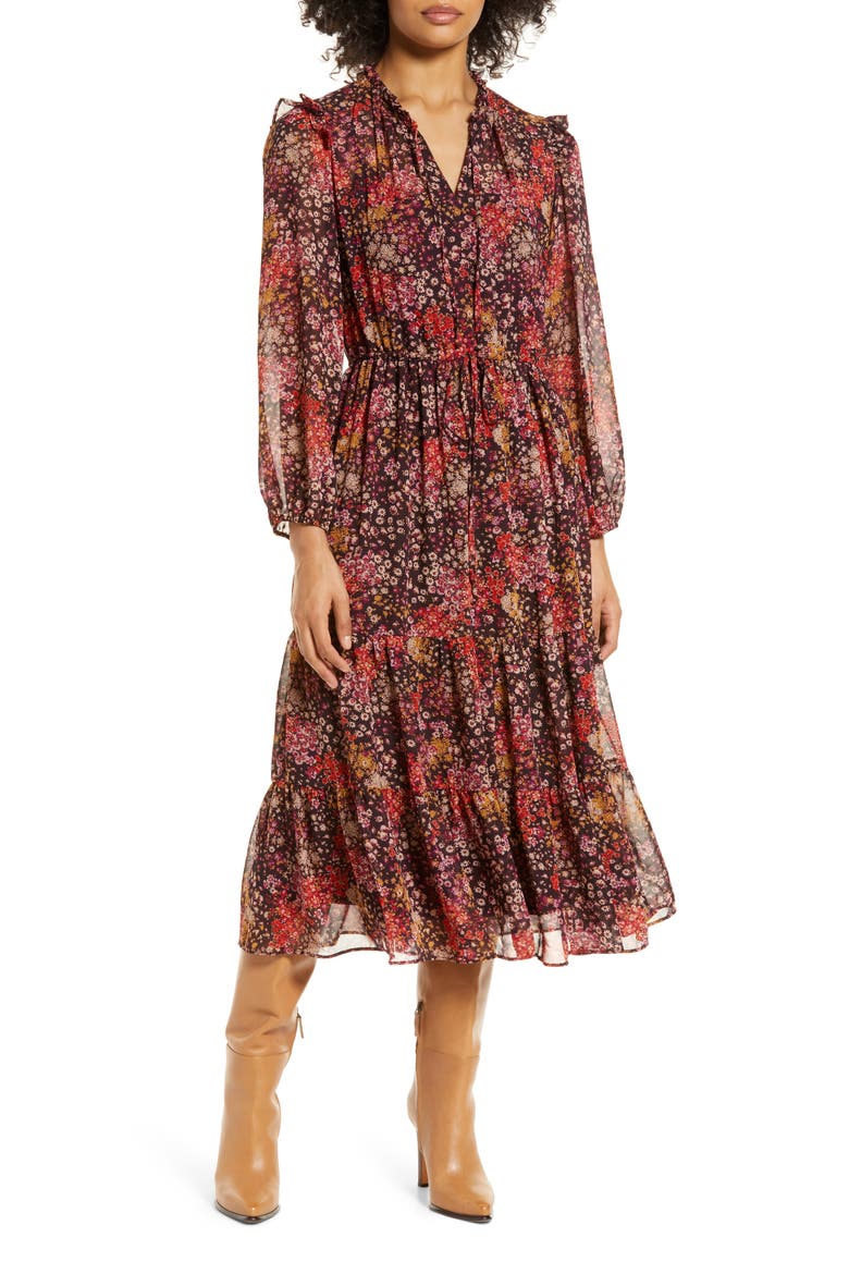 Floral Print Long Sleeve Tiered Midi Dress, Main, color, BROWN MULTI