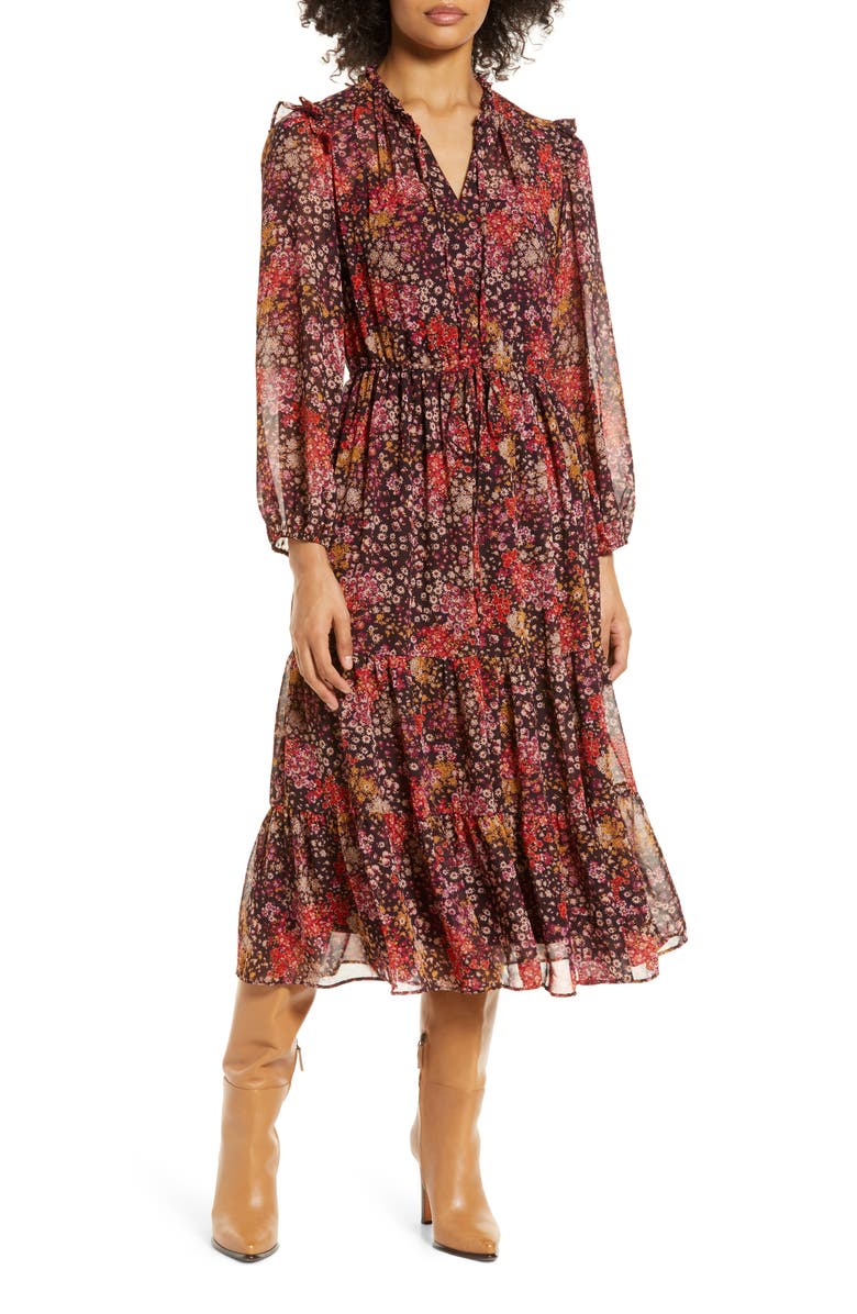 Julia Jordan Floral Print Long Sleeve Tiered Midi Dress, Main, color,
