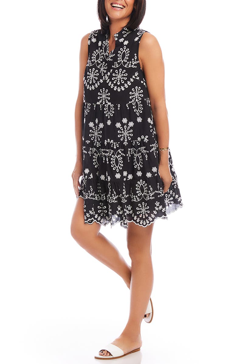 Karen Kane Eyelet Embroidered Sleeveless Tiered Cotton Dress, Alternate, color, Black