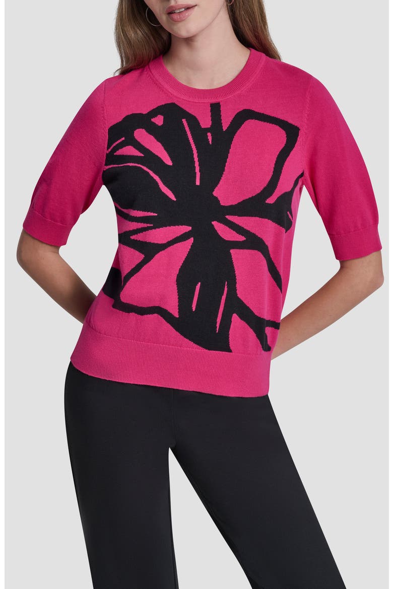 Graffiti Floral Jacquard Short Sleeve Sweater, Main, color, HOT PINK/ BLACK