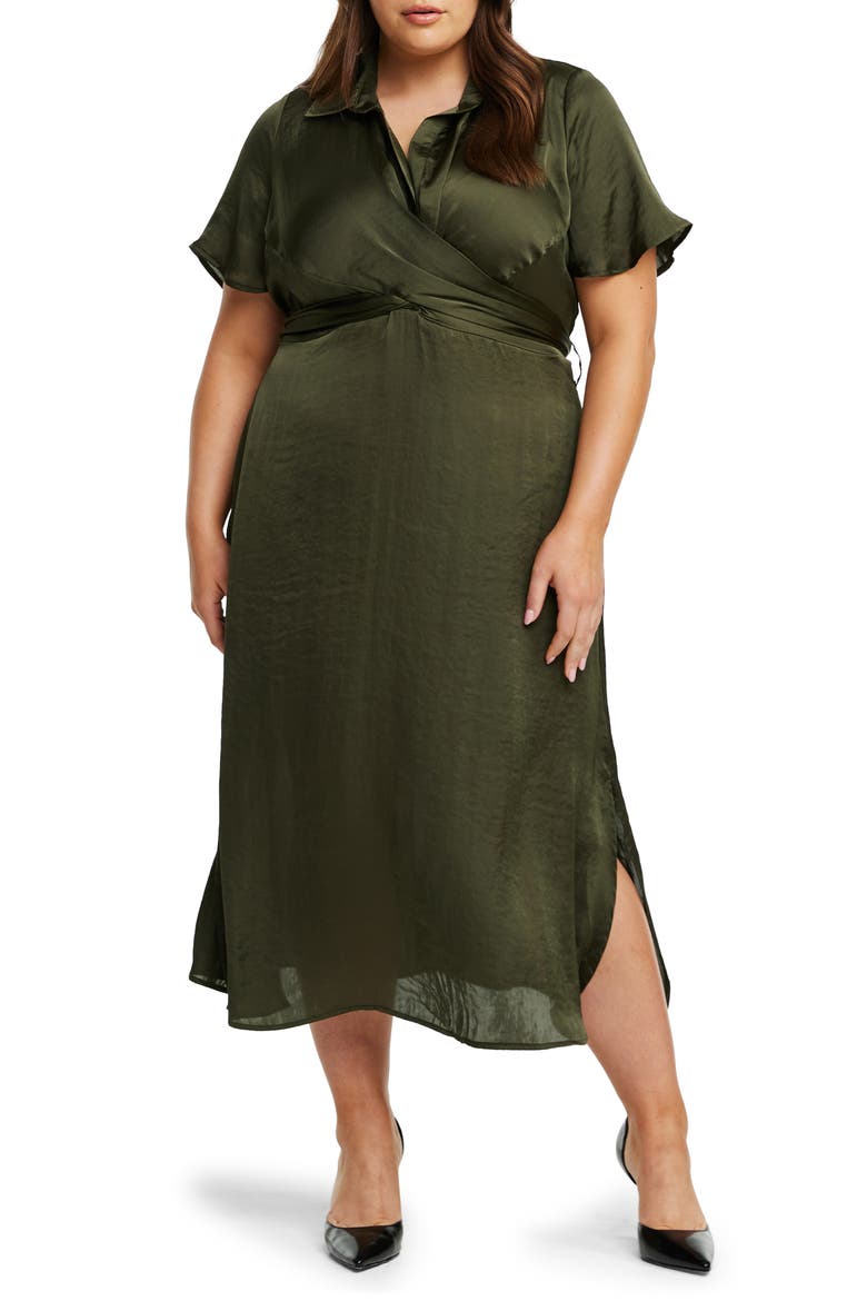 Oasis Tie Back Satin Midi Dress, Main, color, OLIVE