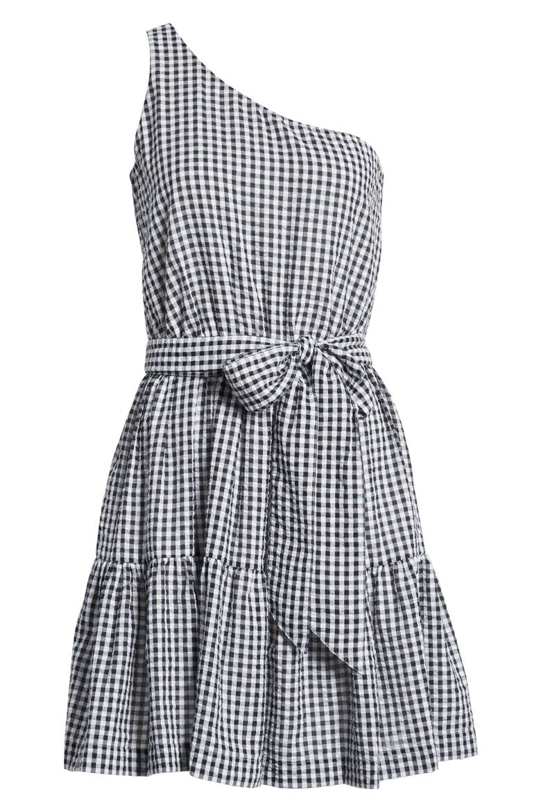 Gingham One-Shoulder Minidress, Alternate, color, JET BLACK
