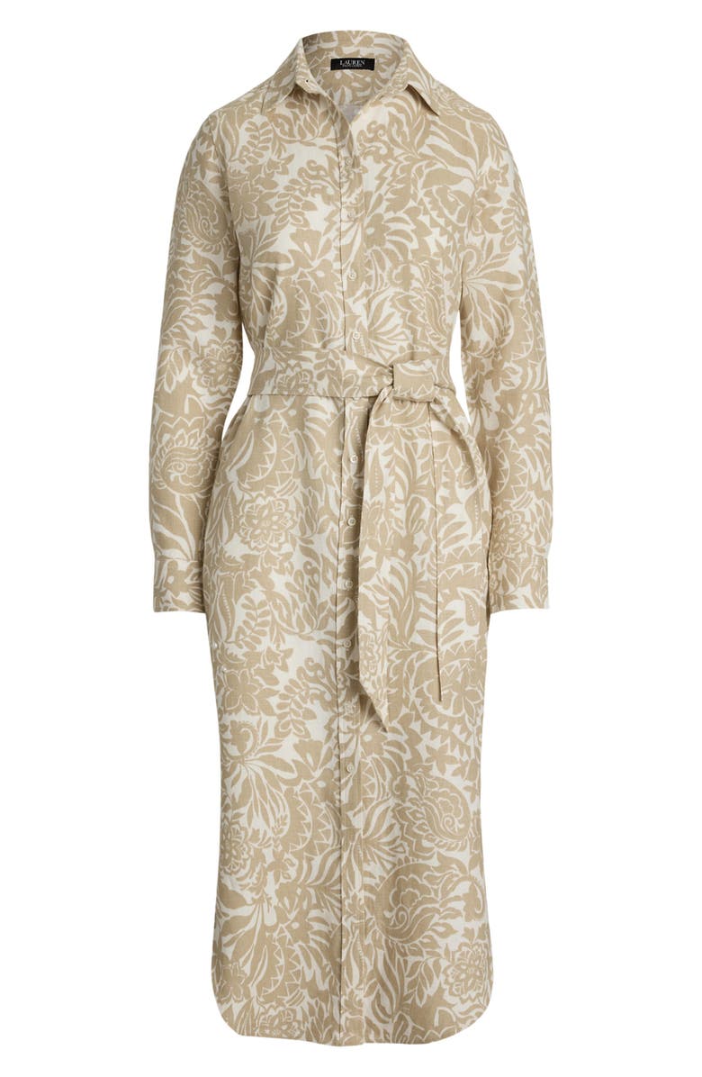 Lauren Ralph Lauren Floral Long Sleeve Linen Midi Shirtdress, Alternate, color, Cream/ Tan